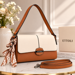 Premium Two-Tone Shoulder Bag for Women | Elegant PU Leather Handbag with Detachable Sling Strap & Silk Scarf | Beige & Brown