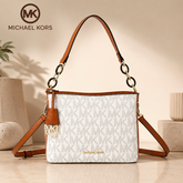 Michael Kors White Signature Monogram Double Belt- Strap Shoulder & Crossbody Bag for Women