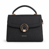 Bag Shoppe Women Black Ettoil Ribbed Ring Clasp Handbag - Modern Textured Bag for Office, Evening & Special Occasions