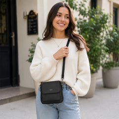 Bag Shoppe Women Black Lizzie Flap Sling Bag - Sleek Everyday Backpack for College, Work & Travel