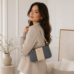 Bag Shoppe Women Grey Lizzie Two-Tone Shoulder Baguette - Cool Neutral Bag for Office, College & Daily Use