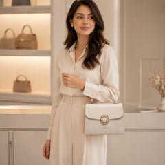 Bag Shoppe Women Cream Ettoil Canvas Ring Clasp Handbag - Fresh Elegant Bag for Office, Brunch & Special Occasions