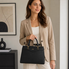 Bag Shoppe Women Black Valendnee Infinity-Lock Handbag - Sleek Classic Bag for Office, Evening & Daily Use