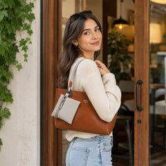 Bag Shoppe Women Brown Heart-Logo Tote Bag with Pouch - Stylish Everyday Tote for Office, Shopping & Daily Use