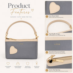Bag Shoppe Women Grey Lizzie Heart Patch Mini Baguette - Chic Compact Mini Bag for College, Outings & Daily Use