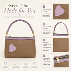 Bag Shoppe Women Brown Lizzie Heart Patch Mini Baguette - Earthy Playful Mini Bag for College, Brunch & Daily Use