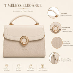 Bag Shoppe Women Cream Ettoil Canvas Ring Clasp Handbag - Fresh Elegant Bag for Office, Brunch & Special Occasions