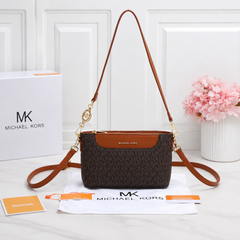 Michael Kors Brown Signature Monogram Crossbody Sling Bag with Adjustable Strap & Gold Charm
