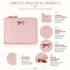 Bag Shoppe Women Pink Bow Detail Mini Wallet - Cute Compact Wallet for Girls, College & Daily Use