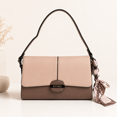 Premium Two-Tone Women’s Shoulder & Sling Bag | Vegan Leather Handbag with Adjustable Strap & Scarf | Beige & Coffee Brown