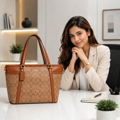 Coach Signature Brown Canvas Tote Bag for Women with Matching Zip Pouch & Adjustable Shoulder Strap