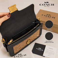 Coach Tabby Signature Canvas & Pebble Leather Shoulder Bag for Women | Black & Khaki | Premium Crossbody Sling with Detachable Strap