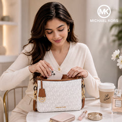 Michael Kors White Signature Monogram Double Belt- Strap Shoulder & Crossbody Bag for Women