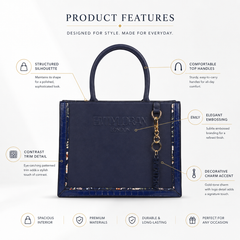 Bag Shoppe Zivaracharm Womens Handbag - Navy Structured Box Tote Bag with Gold Charm & Embossed Logo