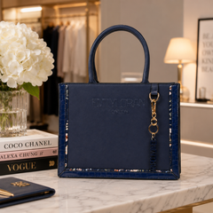 Bag Shoppe Zivaracharm Womens Handbag - Navy Structured Box Tote Bag with Gold Charm & Embossed Logo