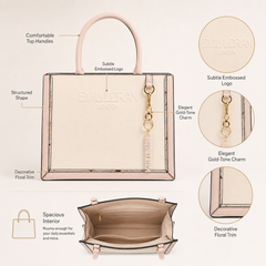 Bag Shoppe Zivaracharm Beige Handbag - Structured Box Tote Bag for Women with Gold-Tone Charm