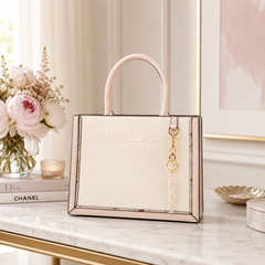 Bag Shoppe Zivaracharm Beige Handbag - Structured Box Tote Bag for Women with Gold-Tone Charm