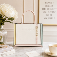 Bag Shoppe Zivaracharm White Handbag - Structured Box Tote Bag for Women with Gold-Tone Charm