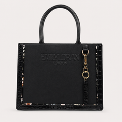 Bag Shoppe Zivaracharm Black Handbag - Structured Box Tote Bag for Women with Gold-Tone Charm
