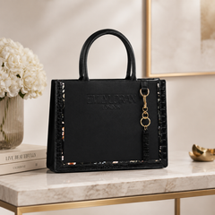 Bag Shoppe Zivaracharm Black Handbag - Structured Box Tote Bag for Women with Gold-Tone Charm