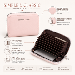 Bag Shoppe Women Pink Zip Wallet - Simple & Classic Compact Card Holder with Multiple Slots