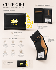 Bag Shoppe Women Black Cute Girl Wallet - Compact Mini Wallet with Flower Charm