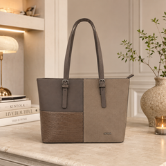 Bag Shoppe Women Taupe Handbag – Spacious Tote Bag with Croc-Embossed Panel & Long Handles