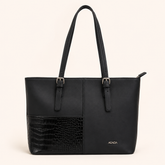 Bag Shoppe Women Black Handbag – Spacious Tote Bag with Croc-Embossed Panel & Long Handles