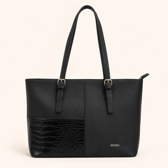 Bag Shoppe Women Black Handbag – Spacious Tote Bag with Croc-Embossed Panel & Long Handles
