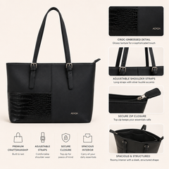 Bag Shoppe Women Black Handbag – Spacious Tote Bag with Croc-Embossed Panel & Long Handles