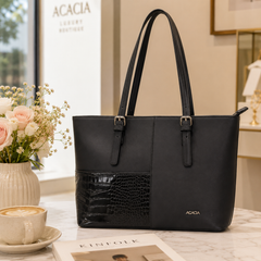 Bag Shoppe Women Black Handbag – Spacious Tote Bag with Croc-Embossed Panel & Long Handles