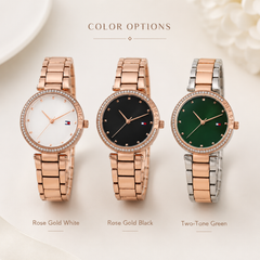 Bag Shoppe Womens Rose Gold Watch - Elegant Crystal Bezel Wrist Watch with Metal Strap