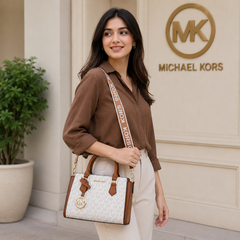 Michael Kors White Signature Monogram Satchel Bag for Women | Premium Top Handle Crossbody Handbag