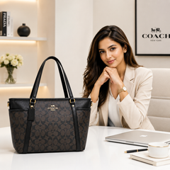 Coach Signature Black Canvas Tote Bag for Women with Matching Zip Pouch & Adjustable Shoulder Strap