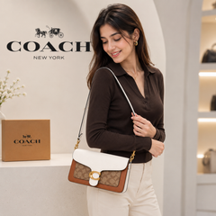 Coach Tabby Inspired Premium Leather Shoulder & Sling Bag for Women | White & Tan | Detachable Long Strap | Magnetic Flap Closure