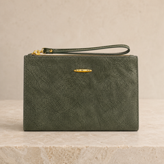 Women’s Dark Green Zip Wallet – Textured Leather Look Card Holder with Wrist Strap