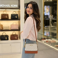 Michael Kors Signature Dual-Zip Crossbody Bag – Vanilla & Luggage Brown