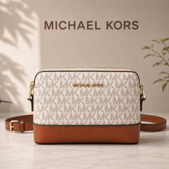 Michael Kors Signature Dual-Zip Crossbody Bag – Vanilla & Luggage Brown