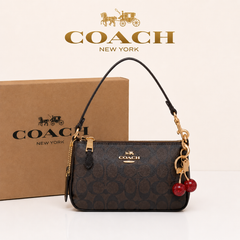 Coach Signature Monogram Mini Shoulder & Crossbody Bag with Cherry Charm – Dark Brown