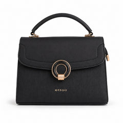 Bag Shoppe Women Black Ettoil Ribbed Ring Clasp Handbag - Modern Textured Bag for Office, Evening & Special Occasions