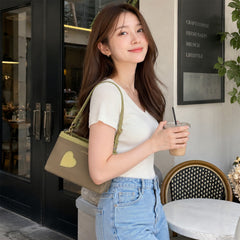 Bag Shoppe Women Olive Lizzie Heart Patch Mini Baguette - Nature-Inspired Mini Bag for College, Outings & Daily Use
