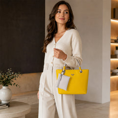 Bag Shoppe Women Yellow Heart-Logo Tote Bag with Pouch - Vibrant Cheerful Tote for College, Shopping & Daily Use