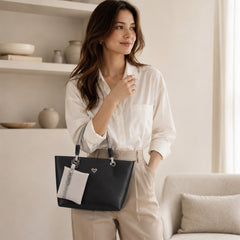Bag Shoppe Women Black Heart-Logo Tote Bag with Pouch - Sleek Versatile Tote for Office, Shopping & Daily Use