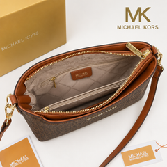 Michael Kors Brown Signature Monogram Crossbody Sling Bag with Adjustable Strap & Gold Charm