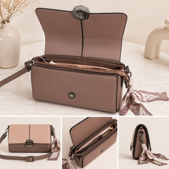 Premium Two-Tone Women’s Shoulder & Sling Bag | Vegan Leather Handbag with Adjustable Strap & Scarf | Beige & Coffee Brown