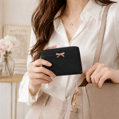 Bag Shoppe Women Black Bow Detail Mini Wallet - Chic Compact Wallet for Office, Shopping & Daily Use