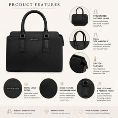 Bag Shoppe Women Black Enigma Multi-Texture Satchel - Bold Editorial Bag for Office, Evening & Special Occasions