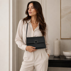 Bag Shoppe Women Black Enigma Arc Ring Flap Sling Bag- Classic Timeless Clutch for Office, Evening & Daily Use