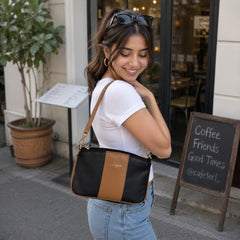 Bag Shoppe Women Black Lizzie Two-Tone Shoulder Baguette - Classic Versatile Bag for Office, Brunch & Daily Use