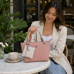 Bag Shoppe Women Pink Heart-Logo Tote Bag with Pouch - Gentle Feminine Tote for College, Brunch & Daily Use